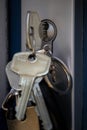 Secure locking mechanism with two keys attached to the handle of a door