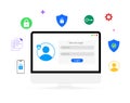 Secure login on the computer screen with floating infographics around it, design. Protection, access, connection Royalty Free Stock Photo