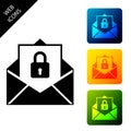 Secure mail icon isolated. Mailing envelope locked with padlock. Set icons colorful square buttons