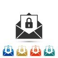 Secure mail icon isolated on white background. Mailing envelope locked with padlock. Set elements in colored icons. Flat