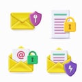 Secure mail icons set. Mailing envelope locked with padlock. Protection of email, data safety. Vector 3d.