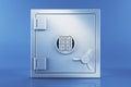 Secure metal safe box with digital keypad lock on blue background. 3D Rendering