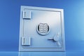 Secure metal safe with digital keypad and combination lock on blue background. 3D Rendering