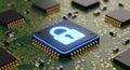 Secure microchip with glowing blue padlock symbol represents data protection and cybersecurity Royalty Free Stock Photo