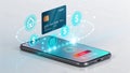 Secure Mobile Payment Technology Smartphone with Credit Card and Digital Currency Icons AI generated. Royalty Free Stock Photo