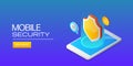 Mobile security, Cyber shield technology on smart phone, data protection, isometric design concept. Royalty Free Stock Photo