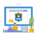 Secure network connection vector illustration concept with characters. Vpn usage, encrypted connection, safe browsing.