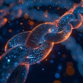 Secure network in the form of a glowing chain. A digital lock with blockchain nodes connected in a secure network