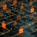 Secure network visualization, floating padlocks, encrypted data flowing through glowing lines, abstract futuristic 3D Royalty Free Stock Photo