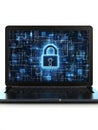 Secure online communication concept featuring a glowing digital lock on a laptop with a cyber grid background, representing enc