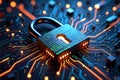 A secure padlock with binary code on a glowing circuit board Royalty Free Stock Photo