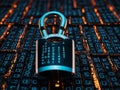 Secure Padlock with Glowing Binary Code and Shield Icons for Data Protection