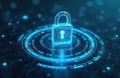 Secure padlock symbol on glowing blue digital circuit board. Cyber security abstract concept with data streams and binary code. Royalty Free Stock Photo