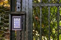 Secure password on keyboard for opening door. Metal code lock. Background of trees in the park Royalty Free Stock Photo