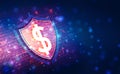Secure payment concept with dollar sign and protection shield isolated on dark blue background.
