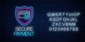 Secure payment glowing neon sign with alphabet. Payment protection symbol with shield and credit card with lock