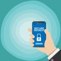 Secure payment notification with key lock symbol in a smart phone screen on business man`s hand isolated on gradient blue