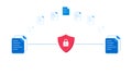 Secure and protected data sharing minimalist design with blue files and lock in the center, technology concept backdrop