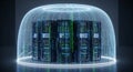 Secure server room with data protection shield and glowing lights for cybersecurity needs Royalty Free Stock Photo