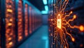 Secure server room with glowing network firewall. Cybersecurity tech safeguards sensitive data. Intrusion prevention system