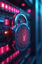 Secure server room with network of servers. Front server highlighted by red light, secure keyring, in locked, isolated Royalty Free Stock Photo