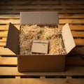 Secure shipping Open corrugated box with sawdust, ready for transportation