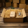 Secure shipping Open corrugated box with sawdust, ready for transportation