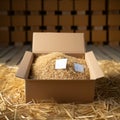 Secure shipping Open corrugated box with sawdust, ready for transportation