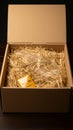 Secure shipping Open corrugated box with sawdust, ready for transportation