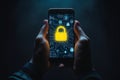 Secure Smartphone With Bright Lock Icon in Dark Background,