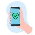 Secure smartphone screen, green shield, hand holding phone, antivirus in phone