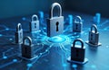 Secure tech network. Illustration shows digital security system with multiple padlocks. Safe cyberspace concept. Network