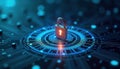 Secure tech system safeguards data. Futuristic circuit board graphic shows secure system. AI protects healthcare, life insurance
