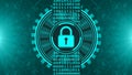 Secure technology concept - padlock binary code hud - graphic elements in turquoise on blurred background as circuit board