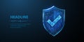 Secure technology. Polygonal wireframe shield with check mark sign isolated on blue.