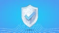 Secure technology. Polygonal wireframe shield with check mark sign isolated on blue.