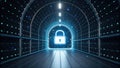 Secure tunnel depicting a lock and data packet traveling through highlighting data protection concepts