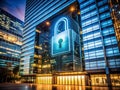 Secure Urban Architecture Illuminated Lock Graphic Depicts Advanced Digital Security Systems Protecting Modern
