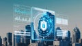 Secure urban environment with holographic security monitoring dashboard displaying data layers and image recognition features