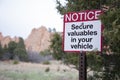 Secure valuables in your car vehicle sign