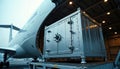 Secure vault on cargo plane for high-value goods transport. Metal safe with combination lock on loading platform. Air freight Royalty Free Stock Photo