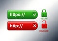Secure vs unsecure website connection https and http with padlock icons Royalty Free Stock Photo