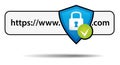 Secure website. Navigation bar with blue shield and green check mark. Vector icon. Royalty Free Stock Photo