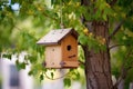 a secure wooden birdhouse in a tree, free from parasites