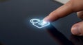 Digital Security Protection: Finger Taps Glowing Padlock Icon on Tablet for Secure User Access and Data Integrity. Royalty Free Stock Photo