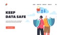 Secured Database Landing Page Template. Guards Characters Holding Shields Protect Server Room Or Hard Disks
