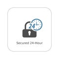 Secured 24-hour Icon. Flat Design