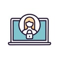 Secured user account on laptop. A cartoon laptop displaying a user icon and a padlock, representing secure online account access