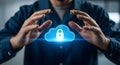Securing Data in the Cloud: Person Holding a Glowing Cloud with a Padlock Representing Online Security Royalty Free Stock Photo