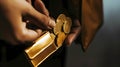 Hands carefully secure Bitcoin coins into a golden wallet. Securing Digital Currency 